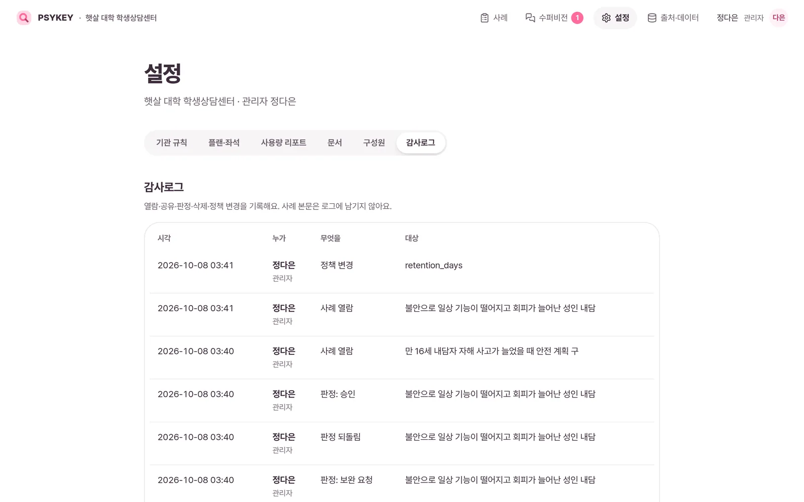 설정의 감사로그 탭. 시각, 누가, 무엇을, 대상